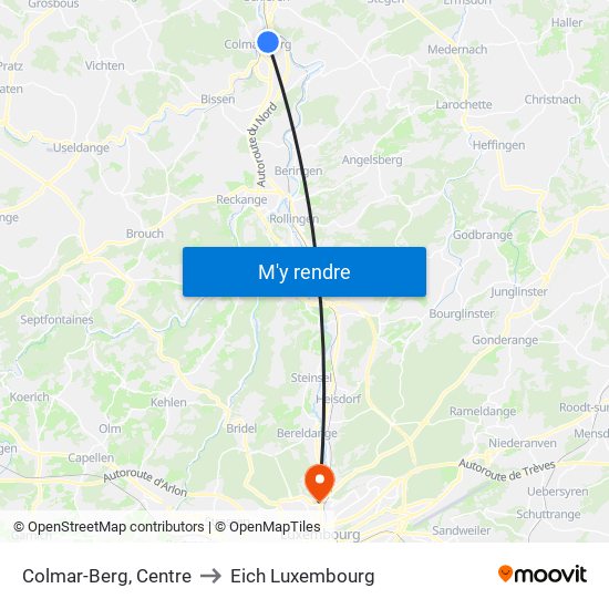 Colmar-Berg, Centre to Eich Luxembourg map