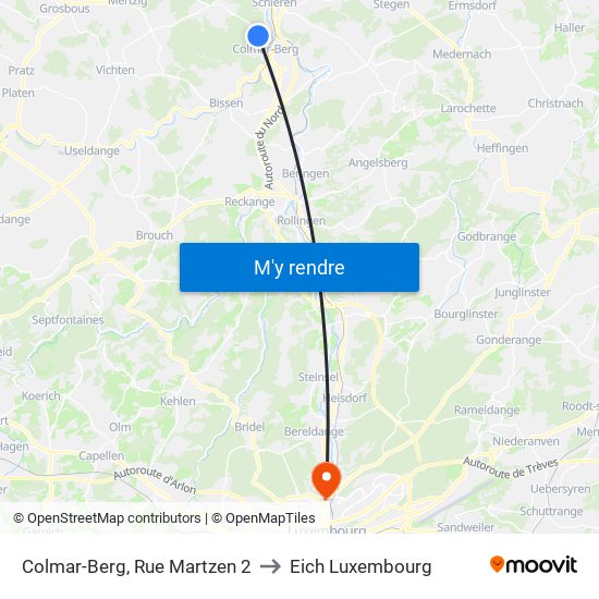 Colmar-Berg, Rue Martzen 2 to Eich Luxembourg map