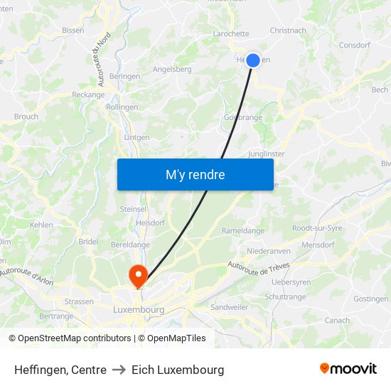 Heffingen, Centre to Eich Luxembourg map