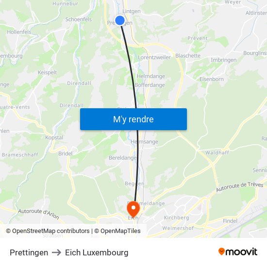 Prettingen to Eich Luxembourg map