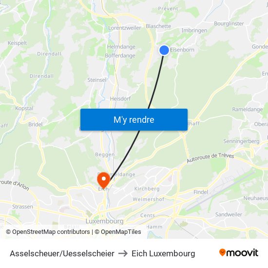 Asselscheuer/Uesselscheier to Eich Luxembourg map