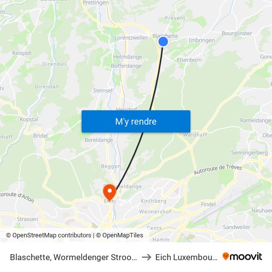 Blaschette, Wormeldenger Strooss to Eich Luxembourg map