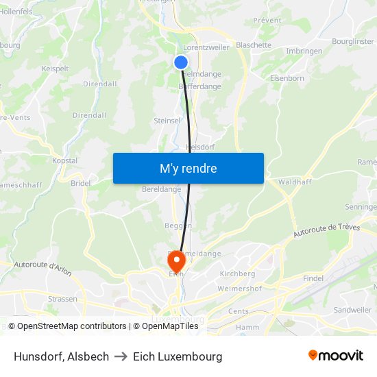 Hunsdorf, Alsbech to Eich Luxembourg map