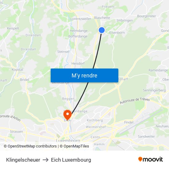 Klingelscheuer to Eich Luxembourg map