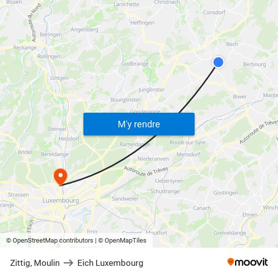 Zittig, Moulin to Eich Luxembourg map