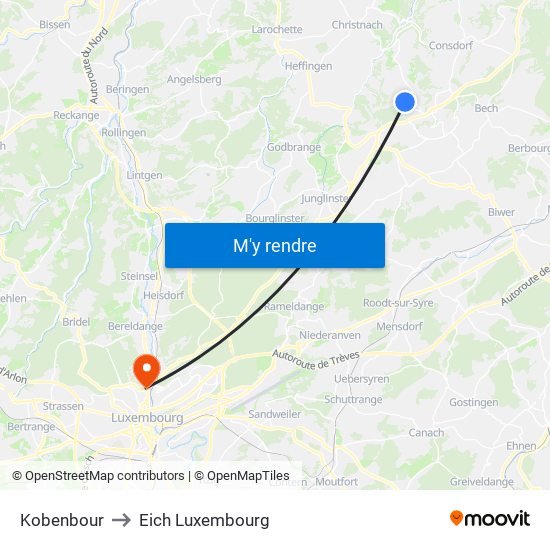 Kobenbour to Eich Luxembourg map