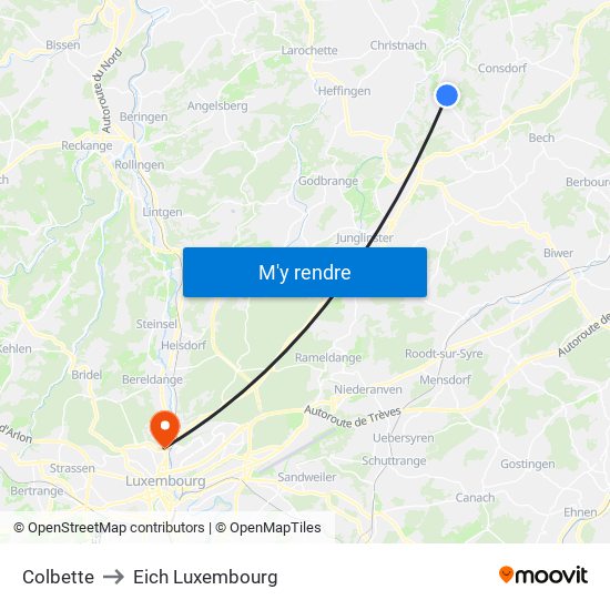 Colbette to Eich Luxembourg map