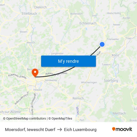 Moersdorf, Iewescht Duerf to Eich Luxembourg map