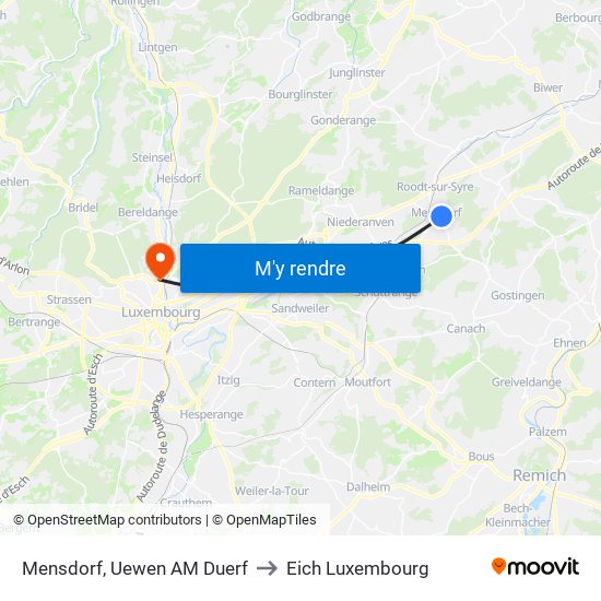 Mensdorf, Uewen AM Duerf to Eich Luxembourg map
