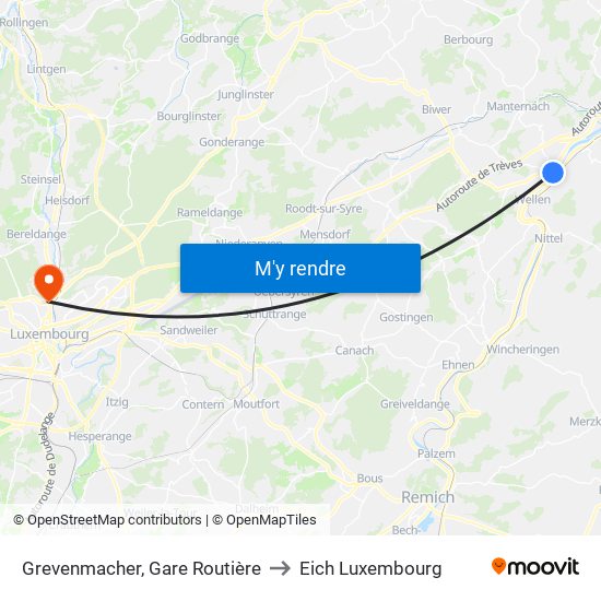 Grevenmacher, Gare Routière to Eich Luxembourg map