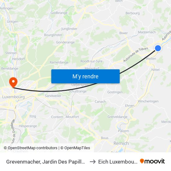 Grevenmacher, Jardin Des Papillons to Eich Luxembourg map