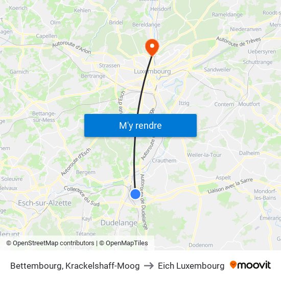 Bettembourg, Krackelshaff-Moog to Eich Luxembourg map