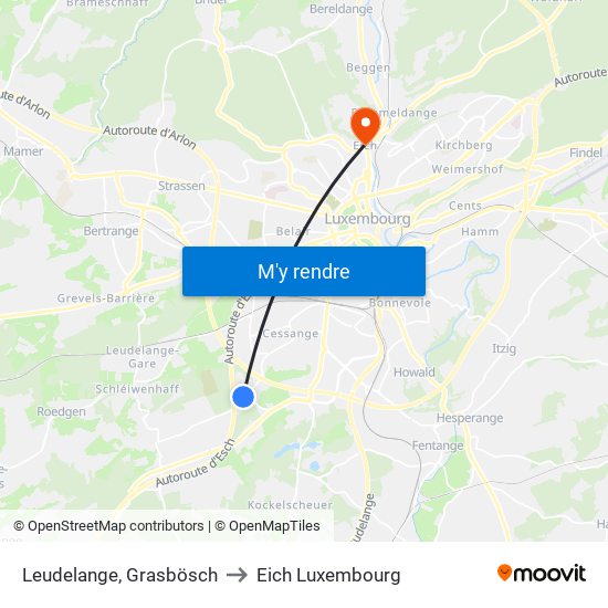 Leudelange, Grasbösch to Eich Luxembourg map