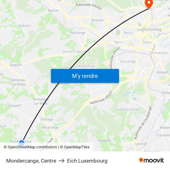 Mondercange, Centre to Eich Luxembourg map