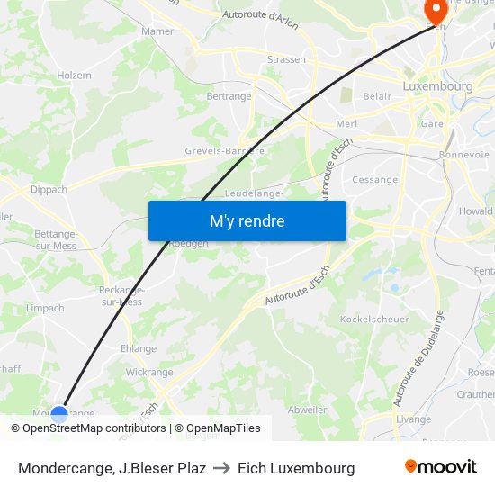 Mondercange, J.Bleser Plaz to Eich Luxembourg map