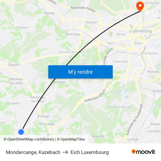 Mondercange, Kazebach to Eich Luxembourg map