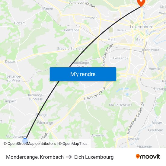 Mondercange, Krombach to Eich Luxembourg map