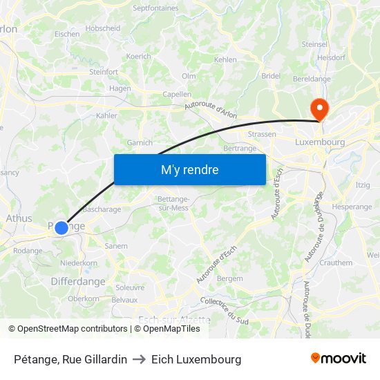 Pétange, Rue Gillardin to Eich Luxembourg map