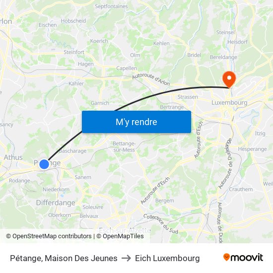 Pétange, Maison Des Jeunes to Eich Luxembourg map