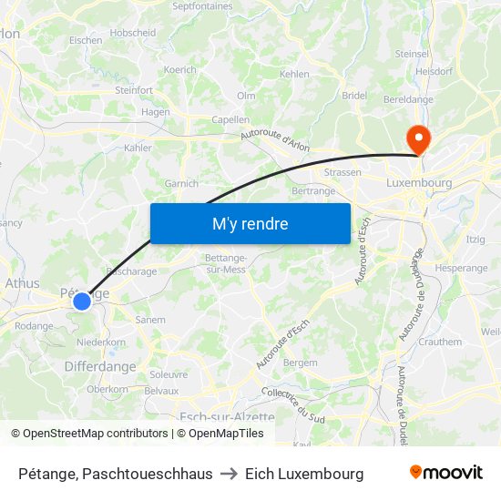 Pétange, Paschtoueschhaus to Eich Luxembourg map