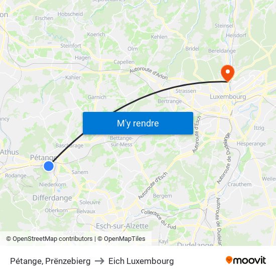 Pétange, Prënzebierg to Eich Luxembourg map