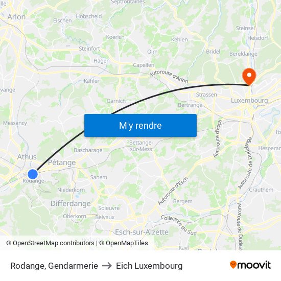 Rodange, Gendarmerie to Eich Luxembourg map