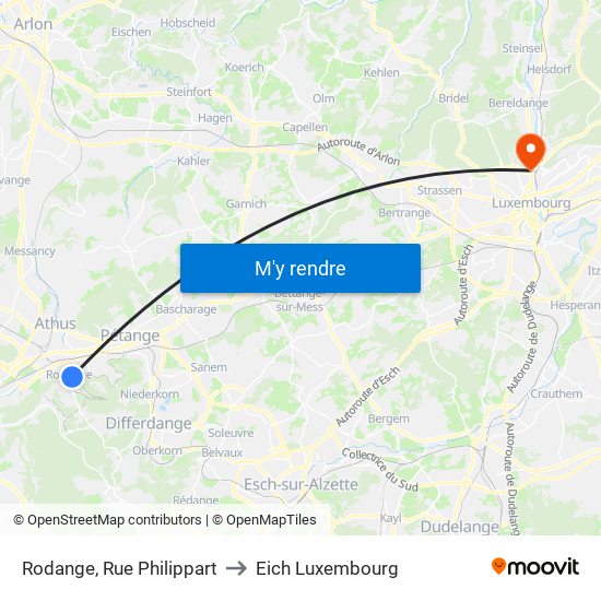 Rodange, Rue Philippart to Eich Luxembourg map