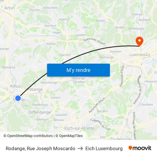 Rodange, Rue Joseph Moscardo to Eich Luxembourg map