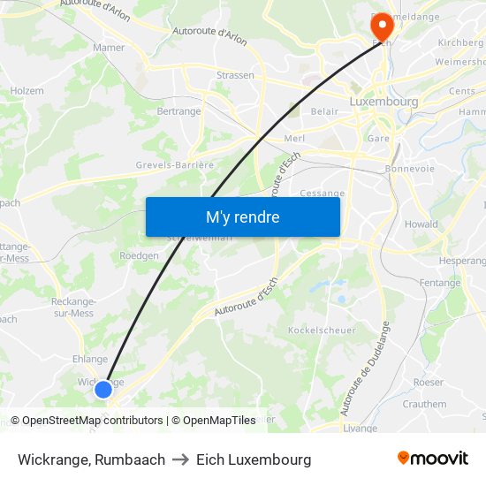 Wickrange, Rumbaach to Eich Luxembourg map