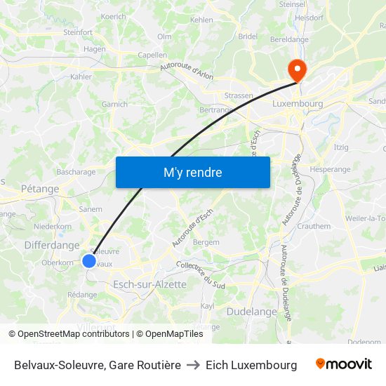 Belvaux-Soleuvre, Gare Routière to Eich Luxembourg map