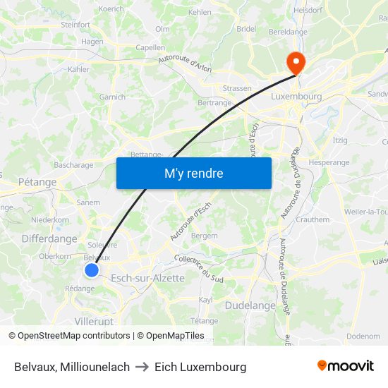 Belvaux, Milliounelach to Eich Luxembourg map