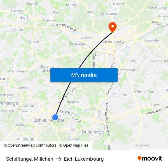 Schifflange, Millchen to Eich Luxembourg map