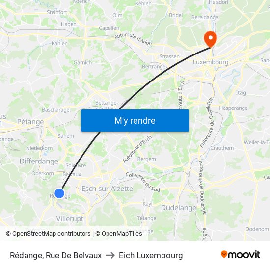 Rédange, Rue De Belvaux to Eich Luxembourg map