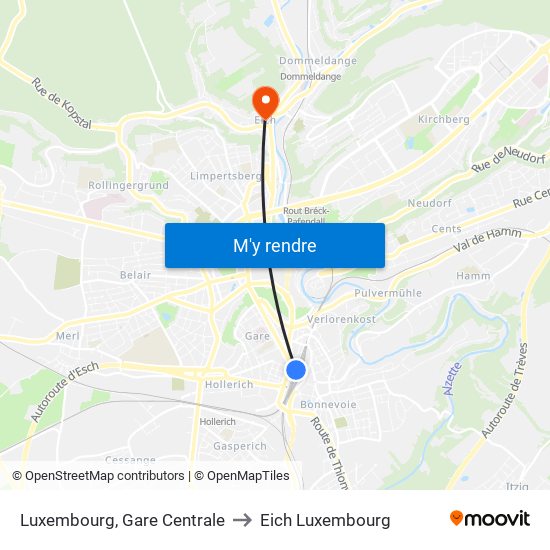 Luxembourg, Gare Centrale to Eich Luxembourg map