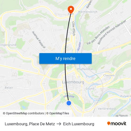 Luxembourg, Place De Metz to Eich Luxembourg map