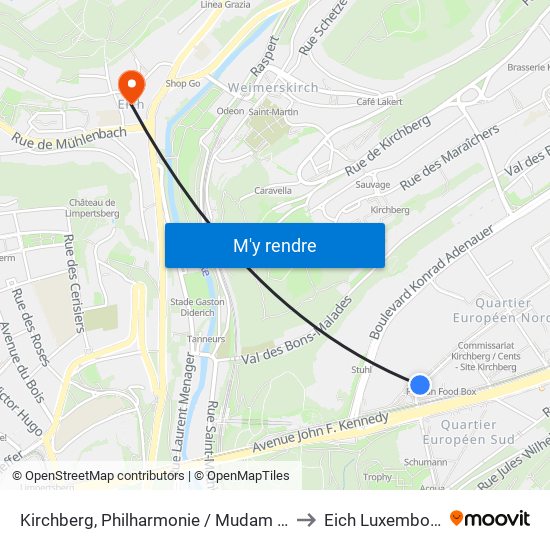 Kirchberg, Philharmonie / Mudam (Bus) to Eich Luxembourg map