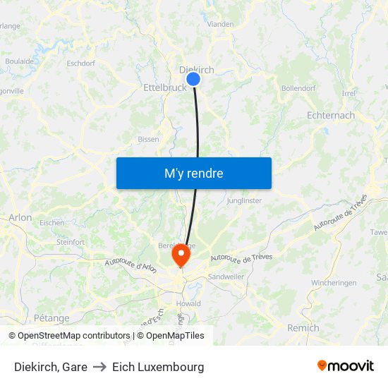 Diekirch, Gare to Eich Luxembourg map