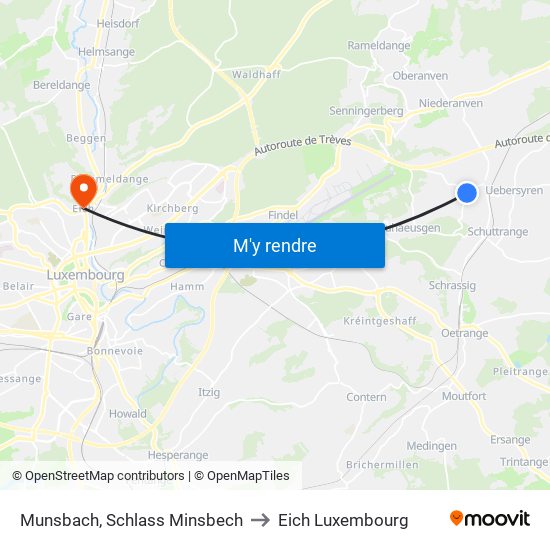 Munsbach, Schlass Minsbech to Eich Luxembourg map