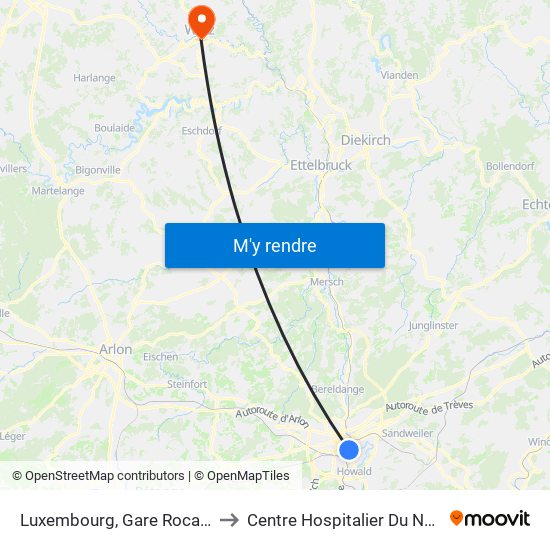 Luxembourg, Gare Rocade to Centre Hospitalier Du Nord map