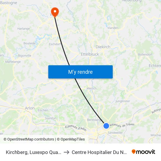 Kirchberg, Luxexpo Quai 4 to Centre Hospitalier Du Nord map