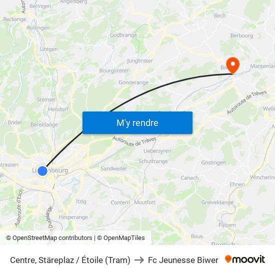 Centre, Stäreplaz / Étoile (Tram) to Fc Jeunesse Biwer map