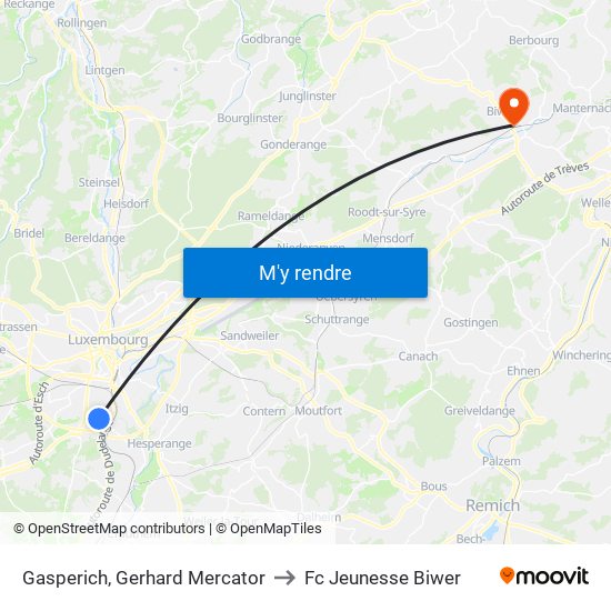 Gasperich, Gerhard Mercator to Fc Jeunesse Biwer map