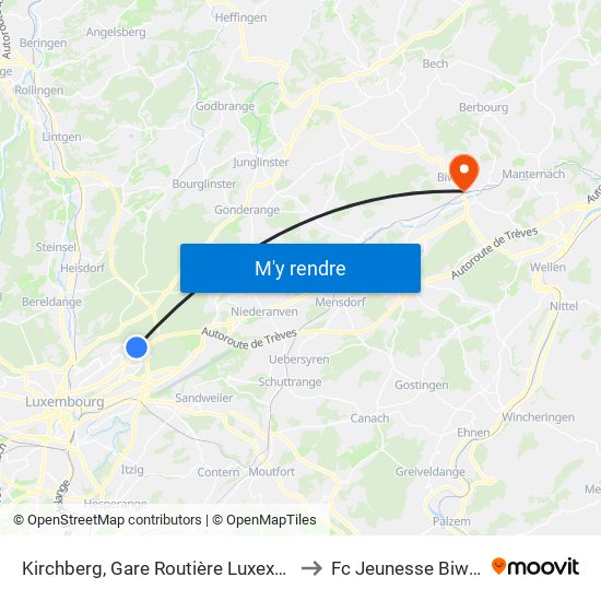 Kirchberg, Gare Routière Luxexpo to Fc Jeunesse Biwer map