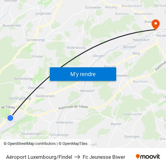 Aéroport Luxembourg/Findel to Fc Jeunesse Biwer map