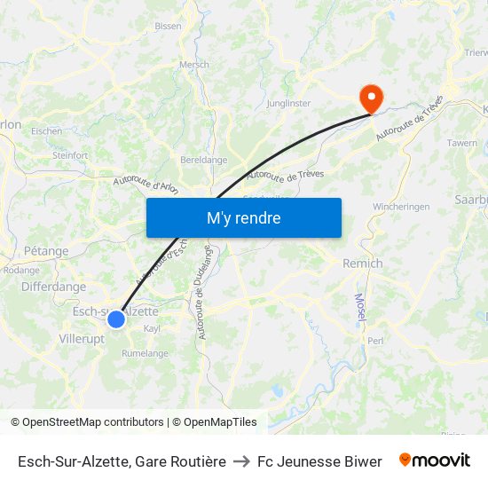 Esch-Sur-Alzette, Gare Routière to Fc Jeunesse Biwer map