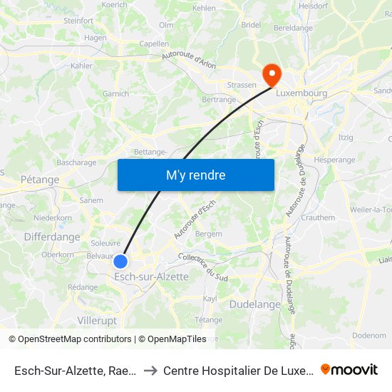 Esch-Sur-Alzette, Raemerich to Centre Hospitalier De Luxembourg map