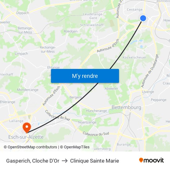 Gasperich, Cloche D'Or to Clinique Sainte Marie map