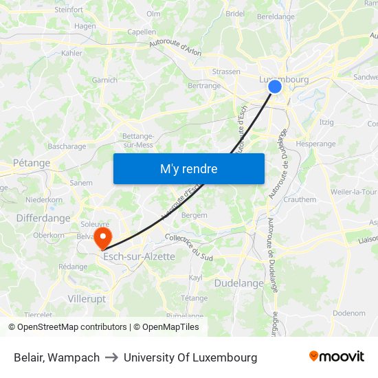 Belair, Wampach to University Of Luxembourg map