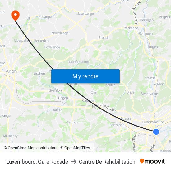 Luxembourg, Gare Rocade to Centre De Réhabilitation map