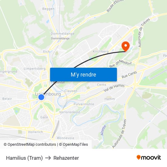 Hamilius (Tram) to Rehazenter map